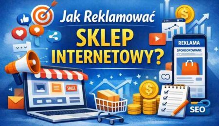 Grafika okładkowa do artykułu o reklamie sklepu internetowego z laptopem, ikonami marketingowymi i napisem „Jak reklamować sklep internetowy?”