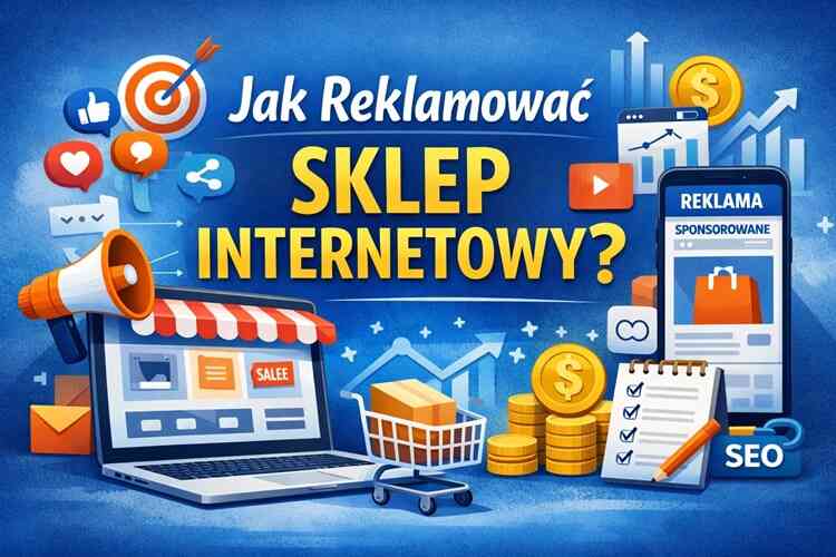 Grafika okładkowa do artykułu o reklamie sklepu internetowego z laptopem, ikonami marketingowymi i napisem „Jak reklamować sklep internetowy?”