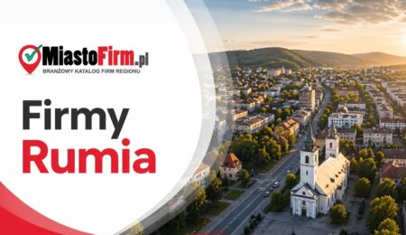 Grafika okładkowa Katalogu MiastoFirm.pl przedstawiająca panoramiczny widok Rumi oraz napis „Firmy Rumia”.
