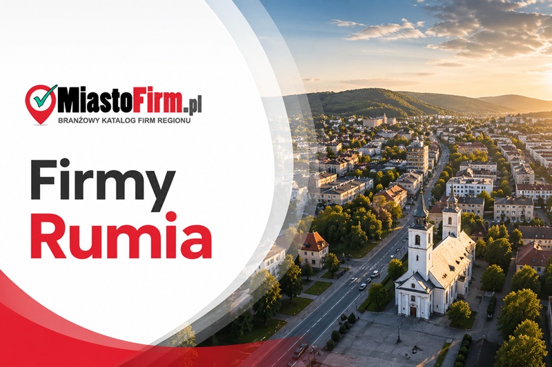 Grafika okładkowa Katalogu MiastoFirm.pl przedstawiająca panoramiczny widok Rumi oraz napis „Firmy Rumia”.