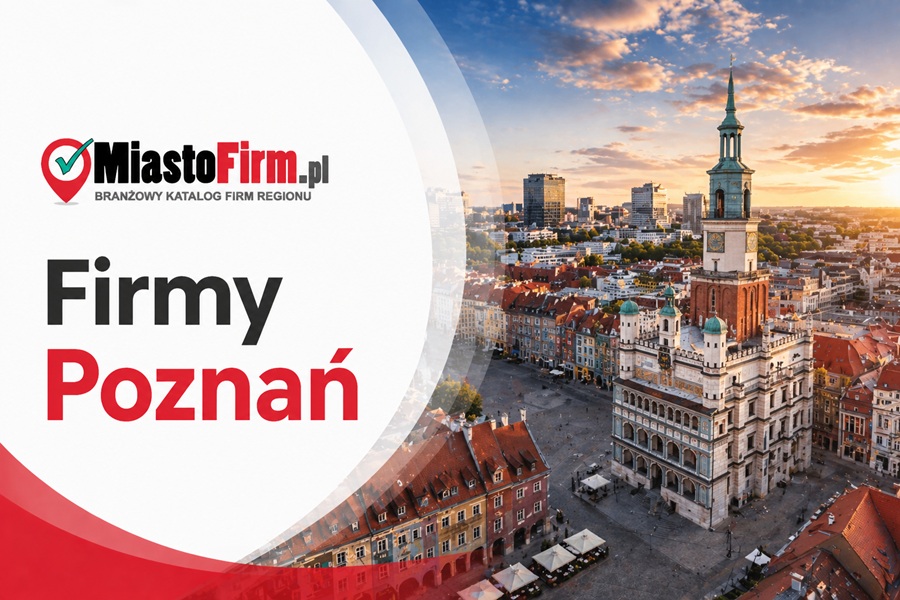 Grafika okładkowa Katalogu MiastoFirm.pl przedstawiająca panoramę Poznania oraz napis „Firmy Poznań”.
