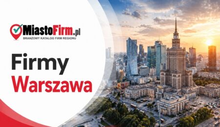 Grafika okładkowa Katalogu MiastoFirm.pl przedstawiająca panoramę Warszawy oraz napis „Firmy Warszawa”.