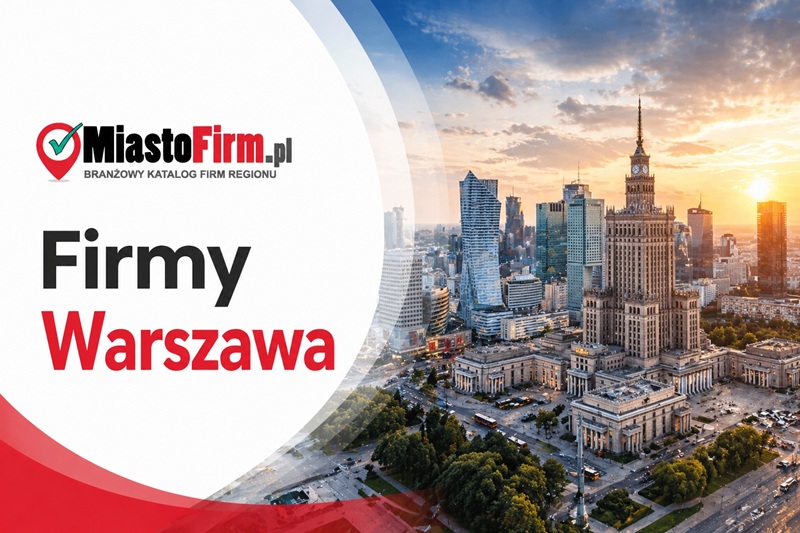 Grafika okładkowa Katalogu MiastoFirm.pl przedstawiająca panoramę Warszawy oraz napis „Firmy Warszawa”.
