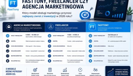 FastTony, freelancer czy agencja marketingowa? Profesjonalne porównanie modeli obsługi marketingu w 2026 roku pod kątem kosztów, efektywności i skalowalności działań. Porównanie modeli marketingowych 2026 – FastTony, freelancer i agencja marketingowa pod względem kosztów, skalowalności i zwrotu z inwestycji