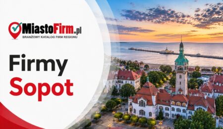 Grafika okładkowa Katalogu MiastoFirm.pl przedstawiająca panoramę Sopotu oraz napis „Firmy Sopot”.