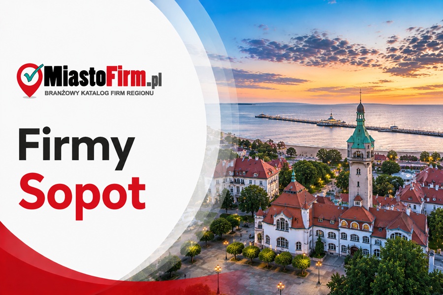 Grafika okładkowa Katalogu MiastoFirm.pl przedstawiająca panoramę Sopotu oraz napis „Firmy Sopot”.