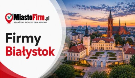 Grafika okładkowa Katalogu MiastoFirm.pl przedstawiająca panoramę Białegostoku oraz napis „Firmy Białystok”.