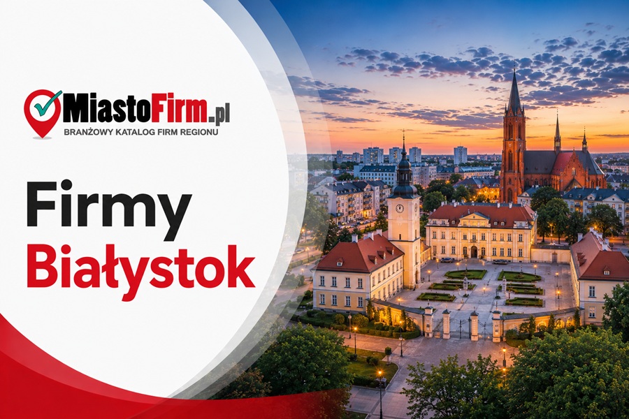 Grafika okładkowa Katalogu MiastoFirm.pl przedstawiająca panoramę Białegostoku oraz napis „Firmy Białystok”.