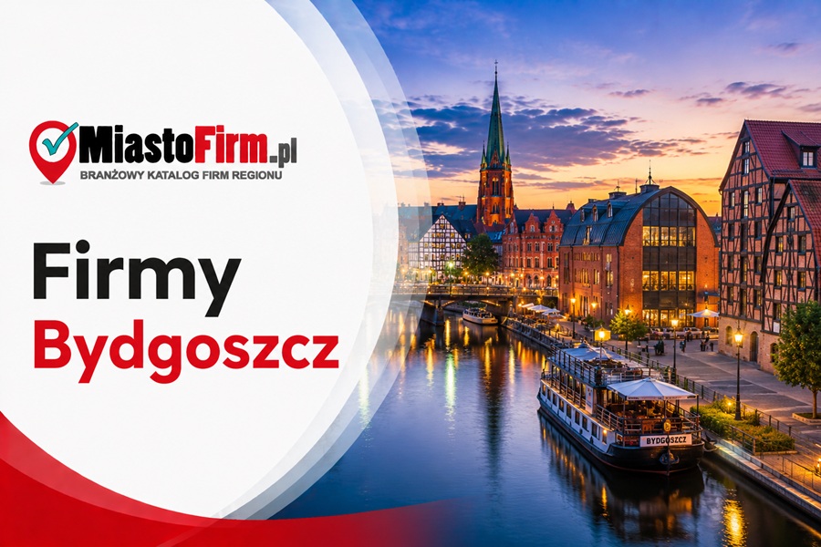 Grafika okładkowa Katalogu MiastoFirm.pl przedstawiająca panoramę Bydgoszczy oraz napis „Firmy Bydgoszcz”.