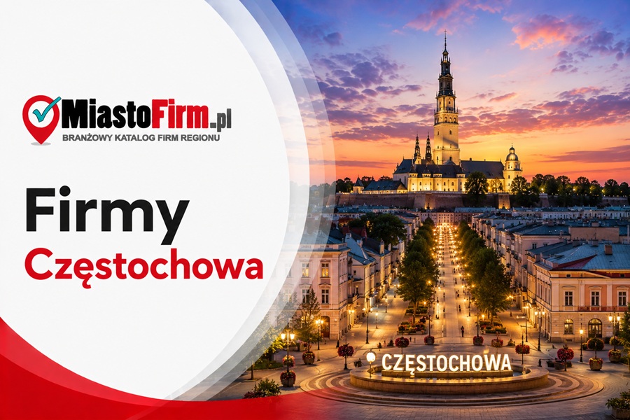 Grafika okładkowa Katalogu MiastoFirm.pl przedstawiająca panoramę Częstochowy oraz napis „Firmy Częstochowa”.