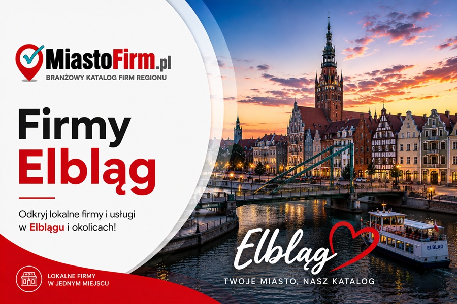 Grafika okładkowa Katalogu MiastoFirm.pl przedstawiająca panoramę Elbląga oraz napis „Firmy Elbląg”.