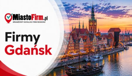Grafika okładkowa Katalogu MiastoFirm.pl przedstawiająca panoramę Gdańska oraz napis „Firmy Gdańsk”.