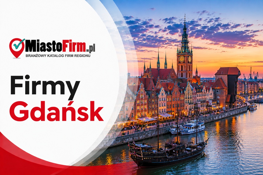 Grafika okładkowa Katalogu MiastoFirm.pl przedstawiająca panoramę Gdańska oraz napis „Firmy Gdańsk”.