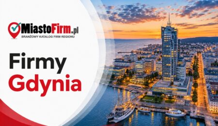 Grafika okładkowa Katalogu MiastoFirm.pl przedstawiająca panoramę Gdyni oraz napis „Firmy Gdynia”.