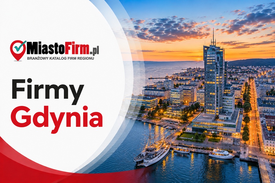 Grafika okładkowa Katalogu MiastoFirm.pl przedstawiająca panoramę Gdyni oraz napis „Firmy Gdynia”.
