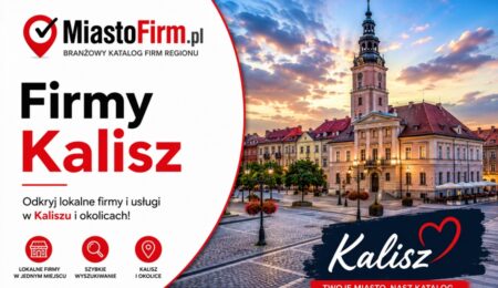 Grafika okładkowa Katalogu MiastoFirm.pl przedstawiająca panoramę Kalisza oraz napis „Firmy Kalisz”.
