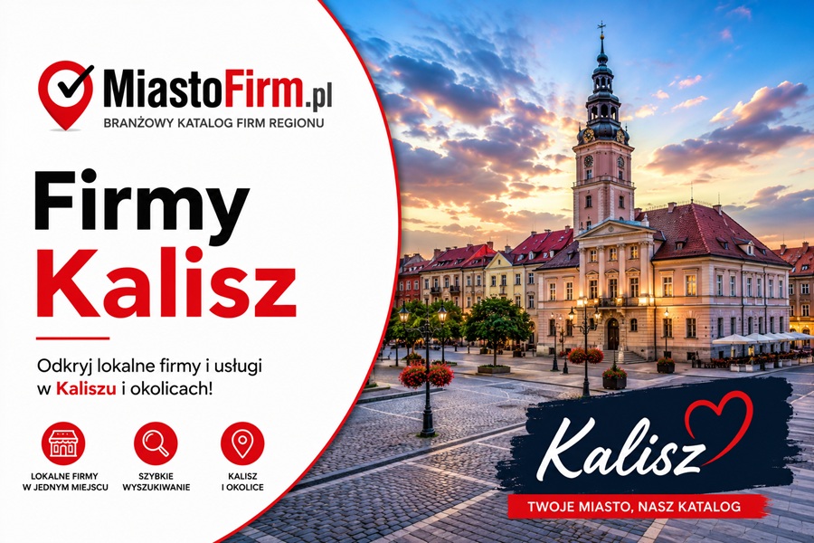 Grafika okładkowa Katalogu MiastoFirm.pl przedstawiająca panoramę Kalisza oraz napis „Firmy Kalisz”.
