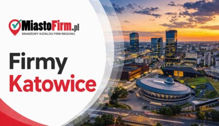 Grafika okładkowa Katalogu MiastoFirm.pl przedstawiająca panoramę Katowic oraz napis „Firmy Katowice”.
