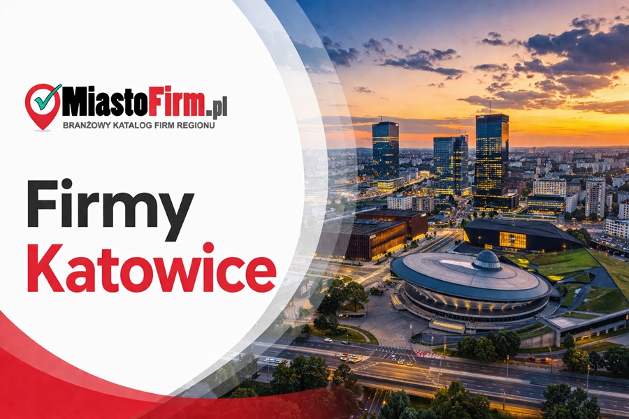 Grafika okładkowa Katalogu MiastoFirm.pl przedstawiająca panoramę Katowic oraz napis „Firmy Katowice”.