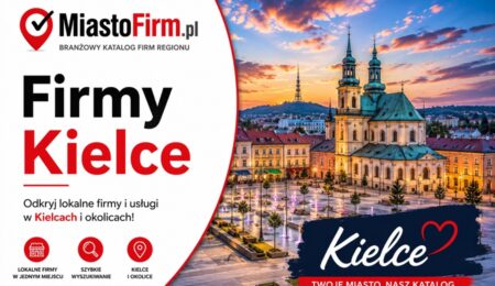 Grafika okładkowa Katalogu MiastoFirm.pl przedstawiająca panoramę Kielc oraz napis „Firmy Kielce”.