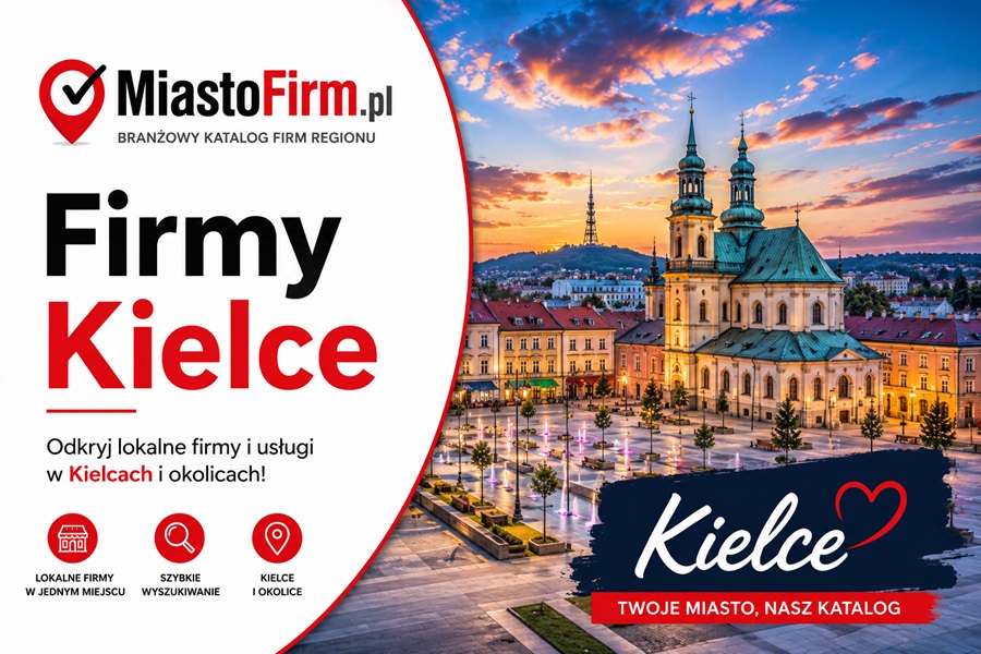 Grafika okładkowa Katalogu MiastoFirm.pl przedstawiająca panoramę Kielc oraz napis „Firmy Kielce”.