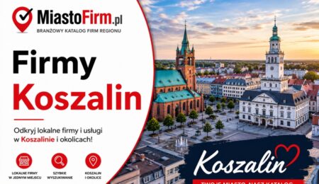 Grafika okładkowa Katalogu MiastoFirm.pl przedstawiająca panoramę Koszalina oraz napis „Firmy Koszalin”.