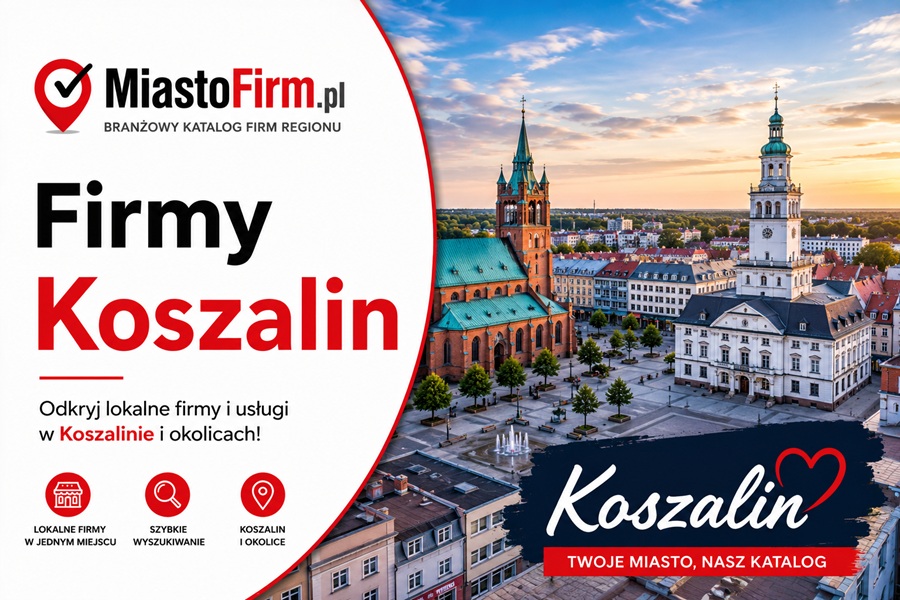 Grafika okładkowa Katalogu MiastoFirm.pl przedstawiająca panoramę Koszalina oraz napis „Firmy Koszalin”.