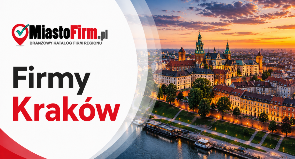 Grafika okładkowa Katalogu MiastoFirm.pl przedstawiająca panoramę Krakowa oraz napis „Firmy Kraków”.