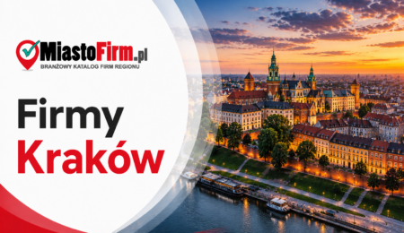 Grafika okładkowa Katalogu MiastoFirm.pl przedstawiająca panoramę Krakowa oraz napis „Firmy Kraków”.