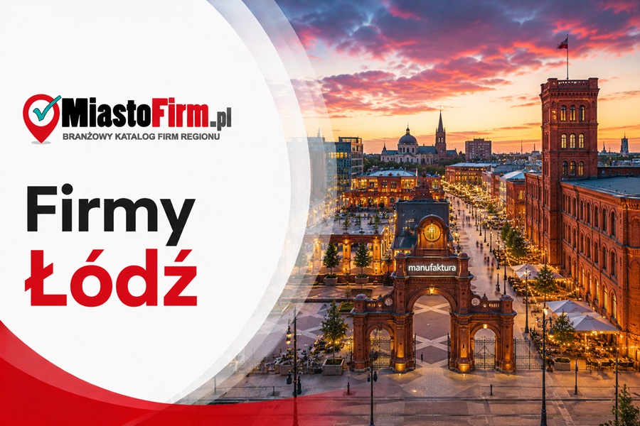 Grafika okładkowa Katalogu MiastoFirm.pl przedstawiająca panoramę Łodzi oraz napis „Firmy Łódź"