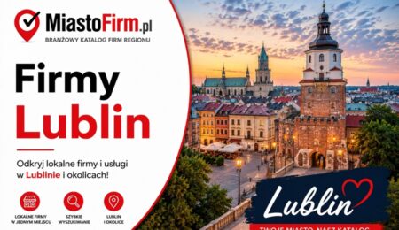 Grafika okładkowa Katalogu MiastoFirm.pl przedstawiająca panoramę Lublina oraz napis „Firmy Lublin”.