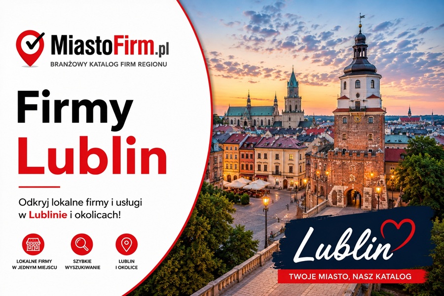Grafika okładkowa Katalogu MiastoFirm.pl przedstawiająca panoramę Lublina oraz napis „Firmy Lublin”.