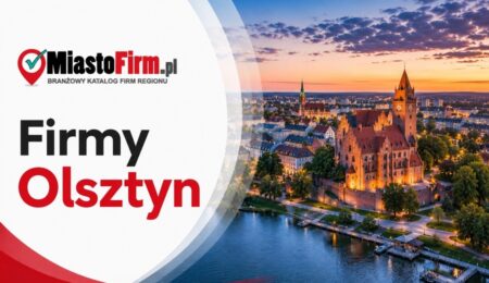 Grafika okładkowa Katalogu MiastoFirm.pl przedstawiająca panoramę Olsztyna oraz napis „Firmy Olsztyn”.