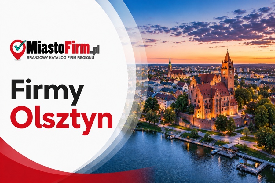 Grafika okładkowa Katalogu MiastoFirm.pl przedstawiająca panoramę Olsztyna oraz napis „Firmy Olsztyn”.