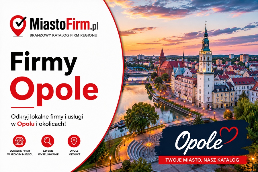 Grafika okładkowa Katalogu MiastoFirm.pl przedstawiająca panoramę Opola oraz napis „Firmy Opole”.