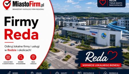 Grafika okładkowa Katalogu MiastoFirm.pl przedstawiająca nowoczesną zabudowę Redy, Aquapark Reda oraz napis „Firmy Reda”.