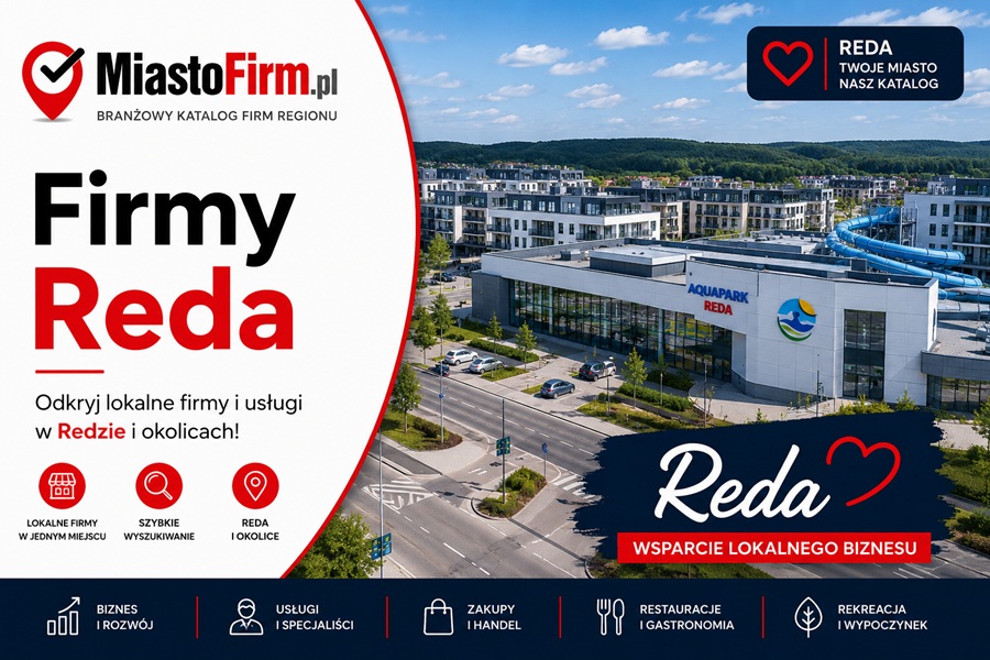 Grafika okładkowa Katalogu MiastoFirm.pl przedstawiająca nowoczesną zabudowę Redy, Aquapark Reda oraz napis „Firmy Reda”.