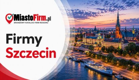 Grafika okładkowa Katalogu MiastoFirm.pl przedstawiająca panoramę Szczecina oraz napis „Firmy Szczecin”.