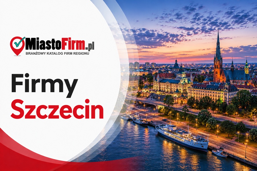 Grafika okładkowa Katalogu MiastoFirm.pl przedstawiająca panoramę Szczecina oraz napis „Firmy Szczecin”.