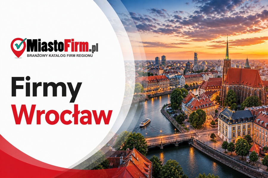 Grafika okładkowa Katalogu MiastoFirm.pl przedstawiająca panoramę Wrocławia oraz napis „Firmy Wrocław”.