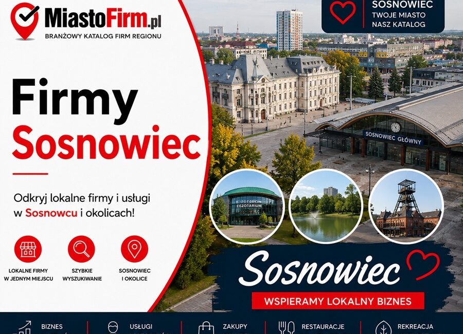 Grafika okładkowa Katalogu MiastoFirm.pl przedstawiająca panoramę Sosnowca oraz napis „Firmy Sosnowiec”.