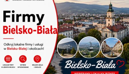 Grafika okładkowa Katalogu MiastoFirm.pl przedstawiająca panoramę Bielska-Białej oraz napis „Firmy Bielsko-Biała”.