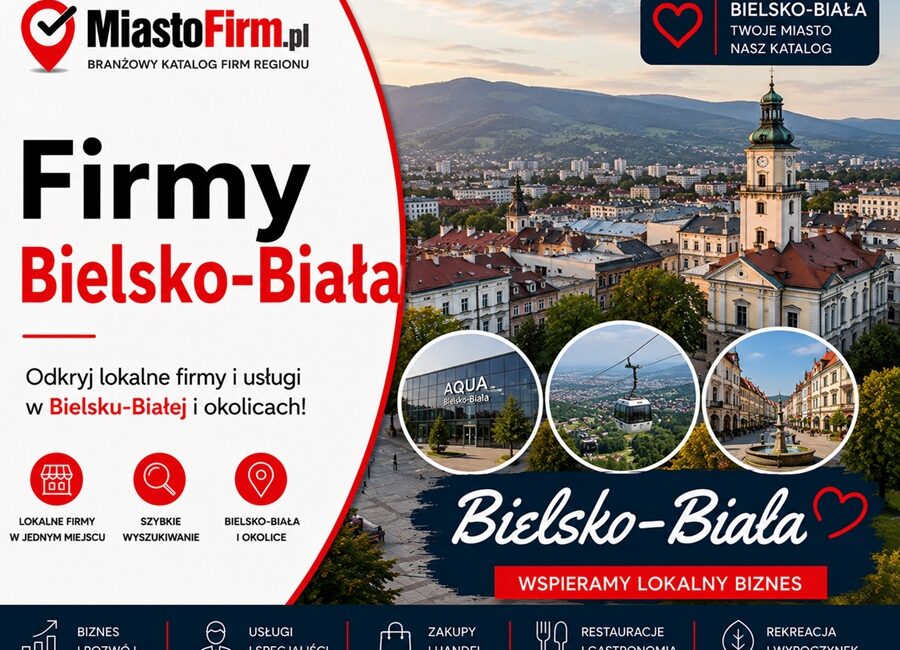 Grafika okładkowa Katalogu MiastoFirm.pl przedstawiająca panoramę Bielska-Białej oraz napis „Firmy Bielsko-Biała”.