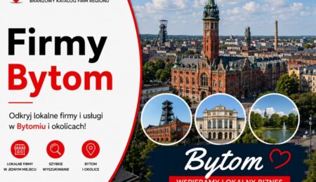 Grafika okładkowa Katalogu MiastoFirm.pl przedstawiająca panoramę Bytomia oraz napis „Firmy Bytom”.