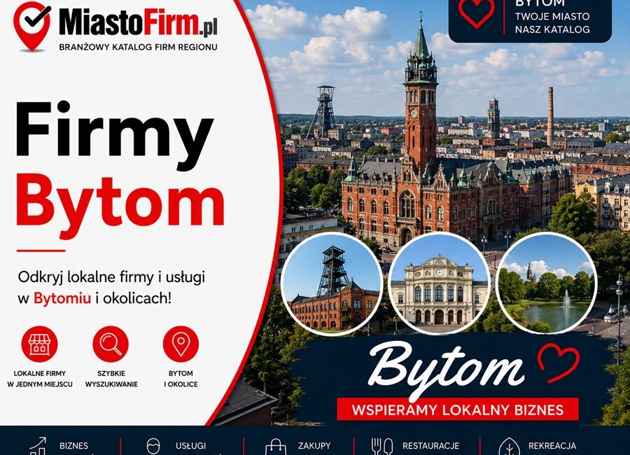 Grafika okładkowa Katalogu MiastoFirm.pl przedstawiająca panoramę Bytomia oraz napis „Firmy Bytom”.
