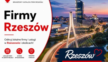 Grafika okładkowa Katalogu MiastoFirm.pl przedstawiająca panoramę Rzeszowa oraz napis „Firmy Rzeszów”.