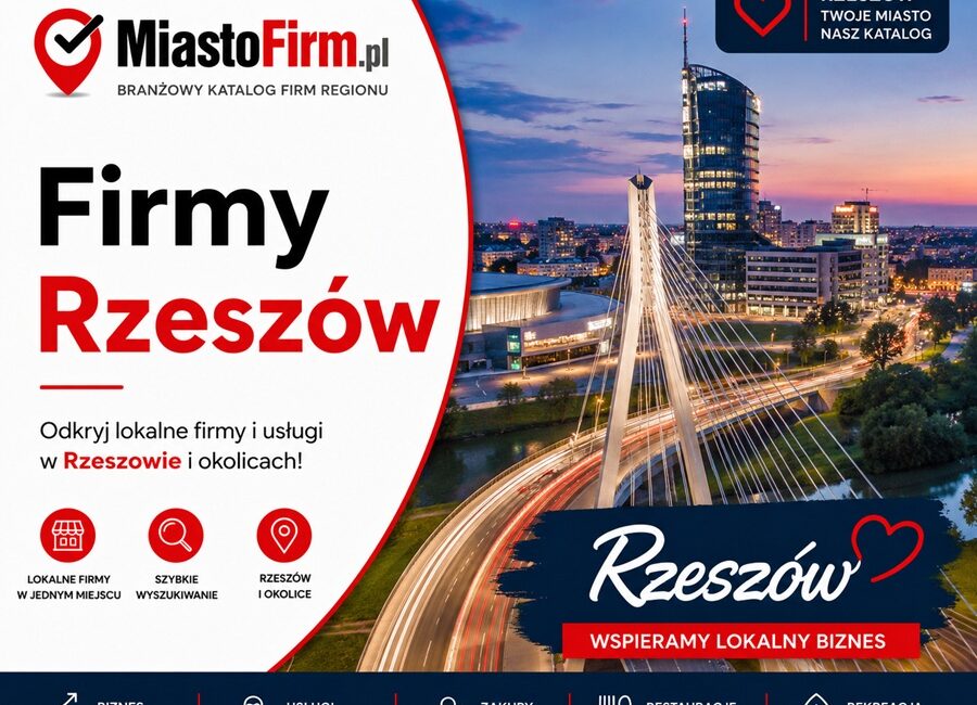 Grafika okładkowa Katalogu MiastoFirm.pl przedstawiająca panoramę Rzeszowa oraz napis „Firmy Rzeszów”.