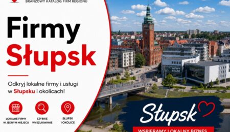Grafika okładkowa Katalogu MiastoFirm.pl przedstawiająca panoramę Słupska oraz napis „Firmy Słupsk”.
