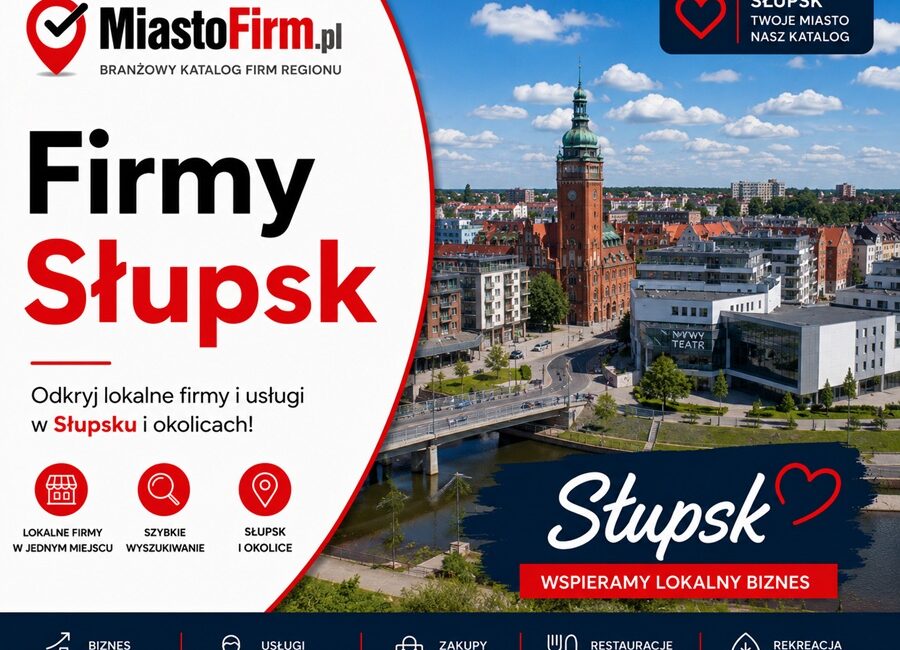 Grafika okładkowa Katalogu MiastoFirm.pl przedstawiająca panoramę Słupska oraz napis „Firmy Słupsk”.