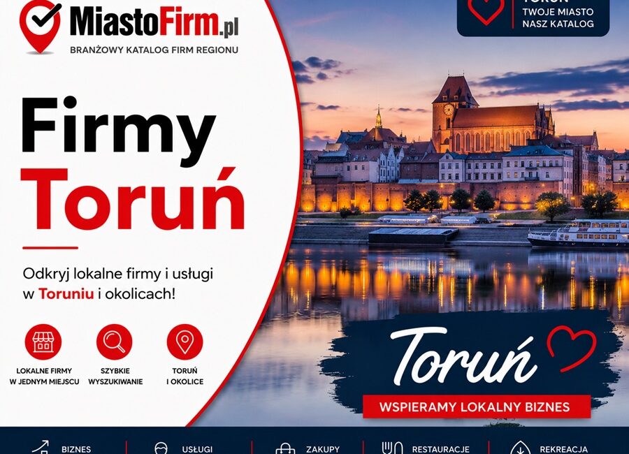 Grafika okładkowa Katalogu MiastoFirm.pl przedstawiająca panoramę Torunia nad Wisłą oraz napis „Firmy Toruń”.